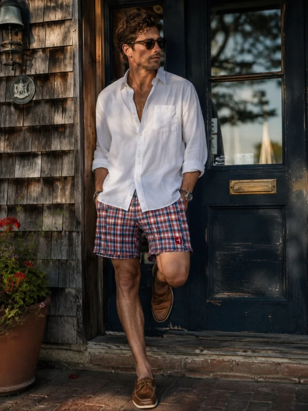 Relwen Men's Madras Board Shorts in Red and Blue
